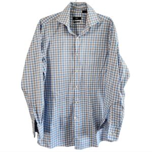 Hugo Boss Sharp Fit Button Down Shirt Sz Large Light Blue Plaid Preppy Office